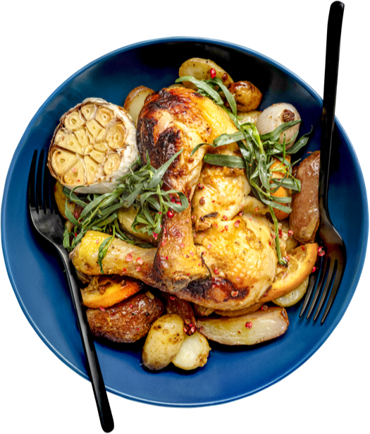 Roast chicken with potatoes and garlic